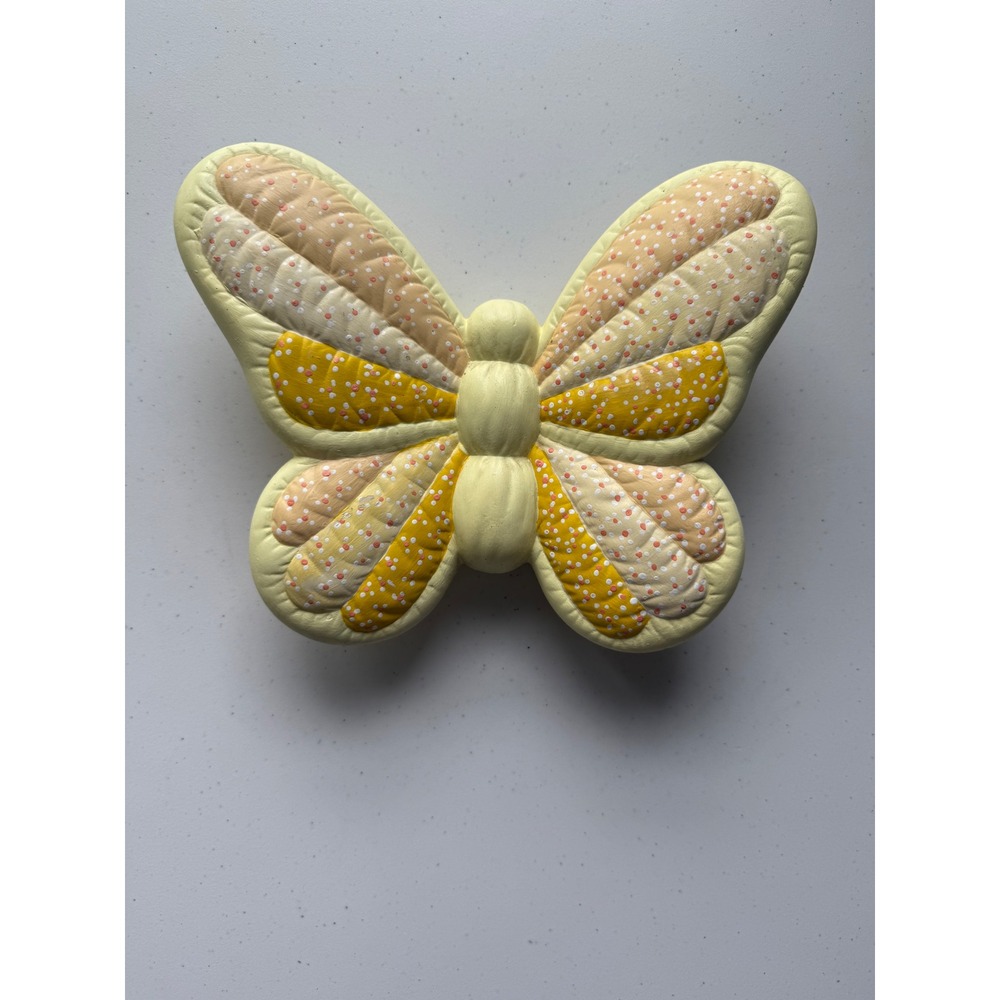 Vintage Ceramic Chalkware Butterfly Wall Hang Quilted Hand Painted Signed Yellow